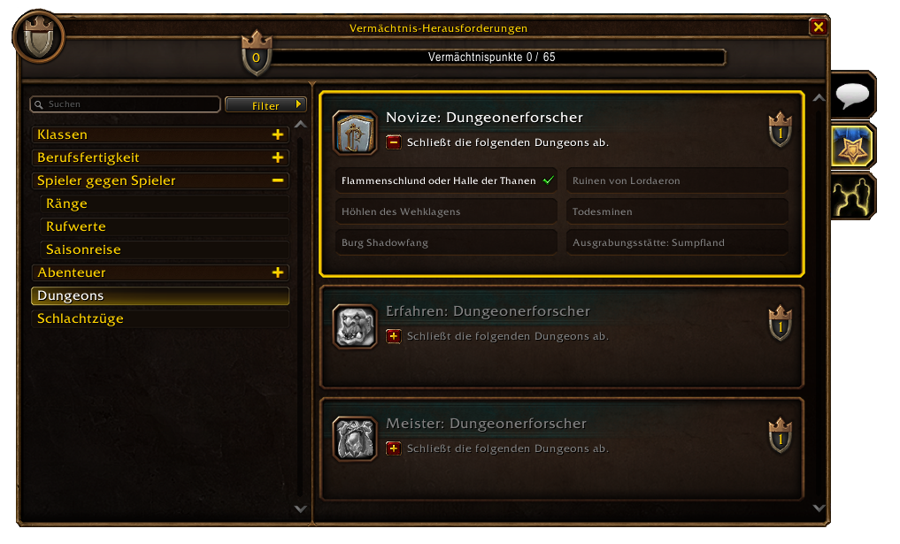 Dungeon-Herausforderung mit Liste der erforderlichen Dungeons