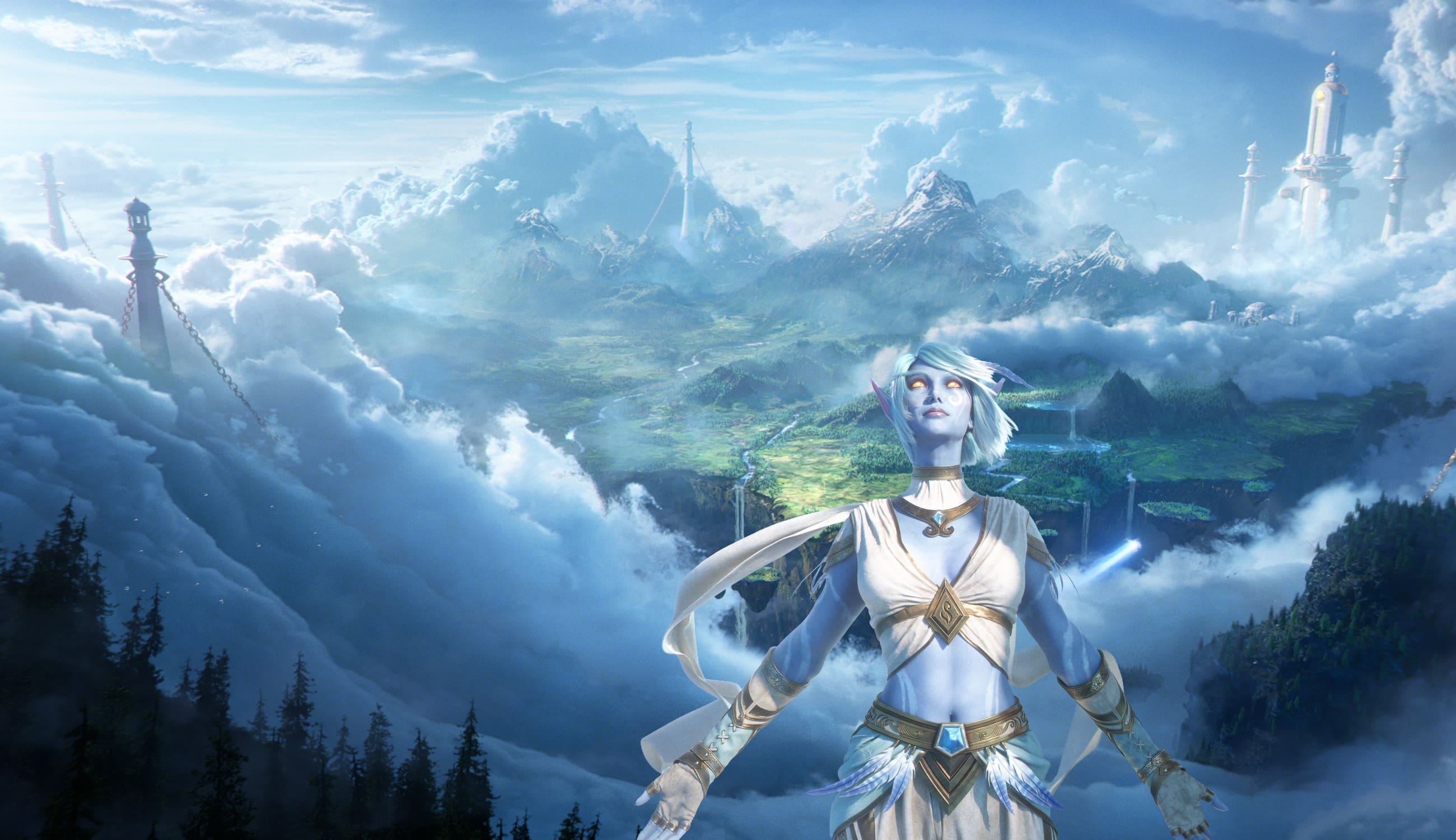 Offizielle Illustration einer Himmelsgeborenen vor einer Landschaft über den Wolken