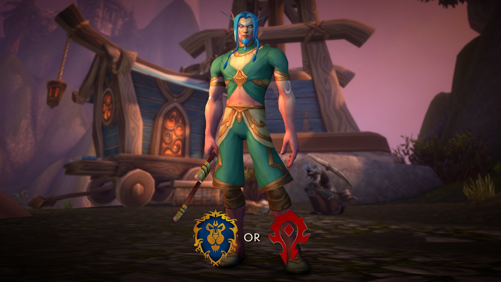 Skyborne-Figur zwischen Wappen der Allianz und Horde bei der Fraktionswahl.